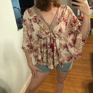 Angie floral kimono blouse with tie front and bell sleeves